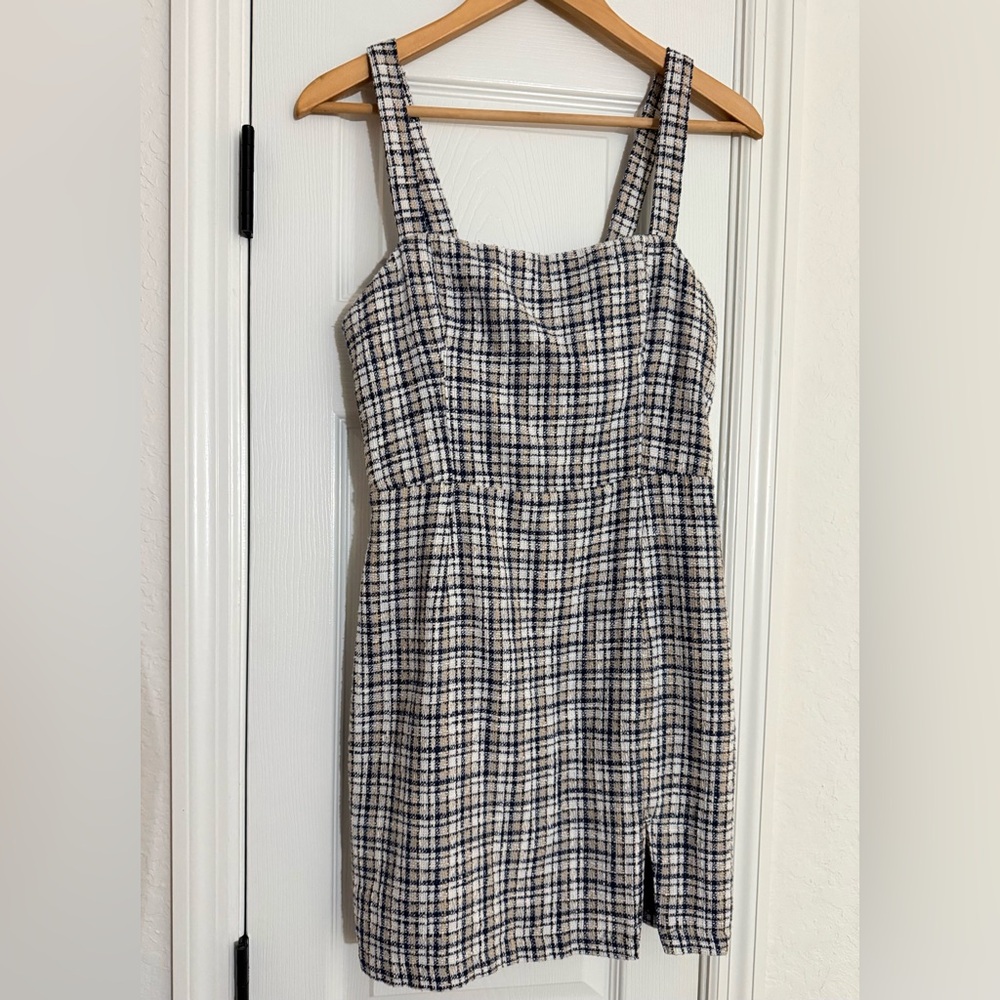 Abercrombie & Fitch Navy, Cream, and White Plaid Tweed Mini Dress
